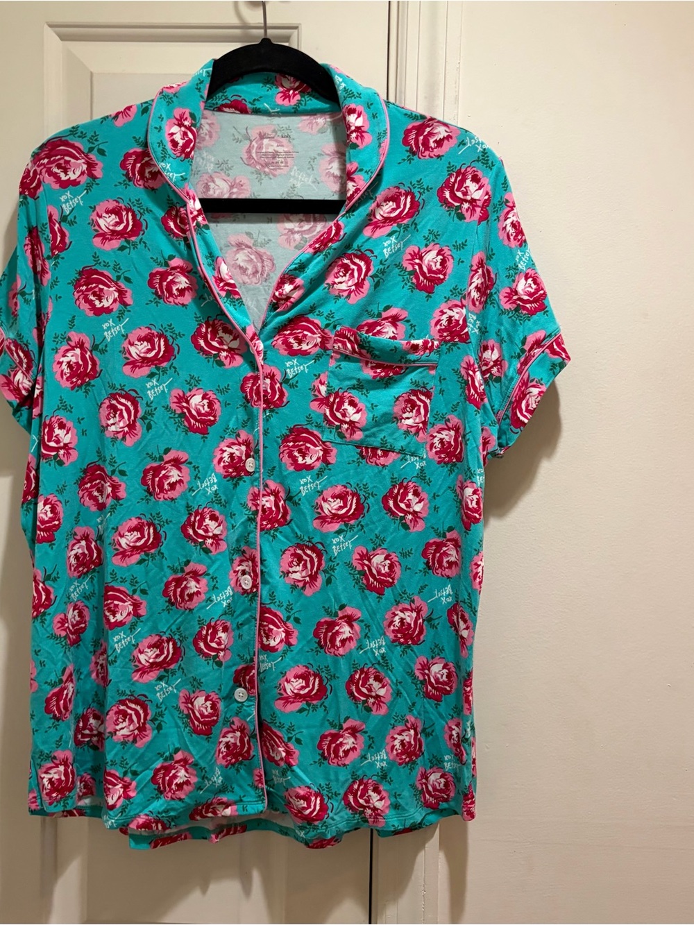 Betsey Johnson knix Turquoise Top with Pink Rose Print Pajama Top